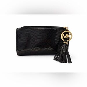 🍀🍀 Michael Kors Black Snakeskin Cosmetic Pouch MK Tassel Logo Makeup Bag
